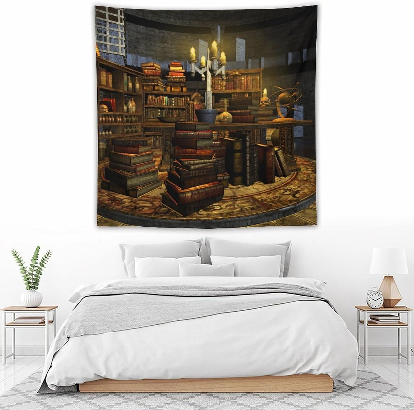 Kurtect Library Tapestry,Vintage Medieval Bookshelf Wooden Bookcase Antique Magic Art Tapestries for Party Beach Picnic Blankets Tablecloths Living Room Wall Deocr, 60x60 in
