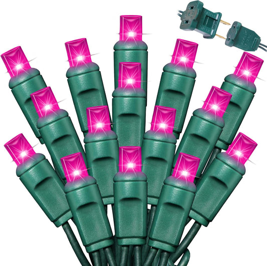 100Count (2pk of 50L) String Lights, LED Christmas Lights, 6" SPACING,Green Wire,Pink