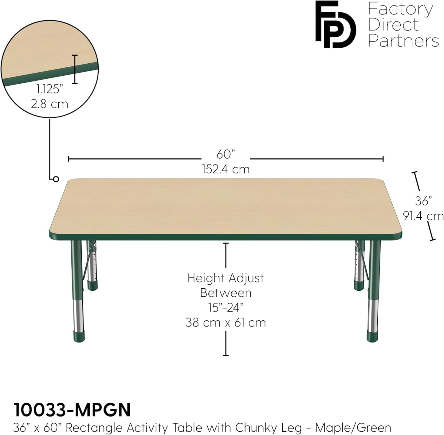 Factory Direct Partners FDP Rectangle Activity School and Classroom Kids Table (36 x 60 inch), Toddler Leg, Adjustable Height 15-24 inches - Maple Top and Green Edge