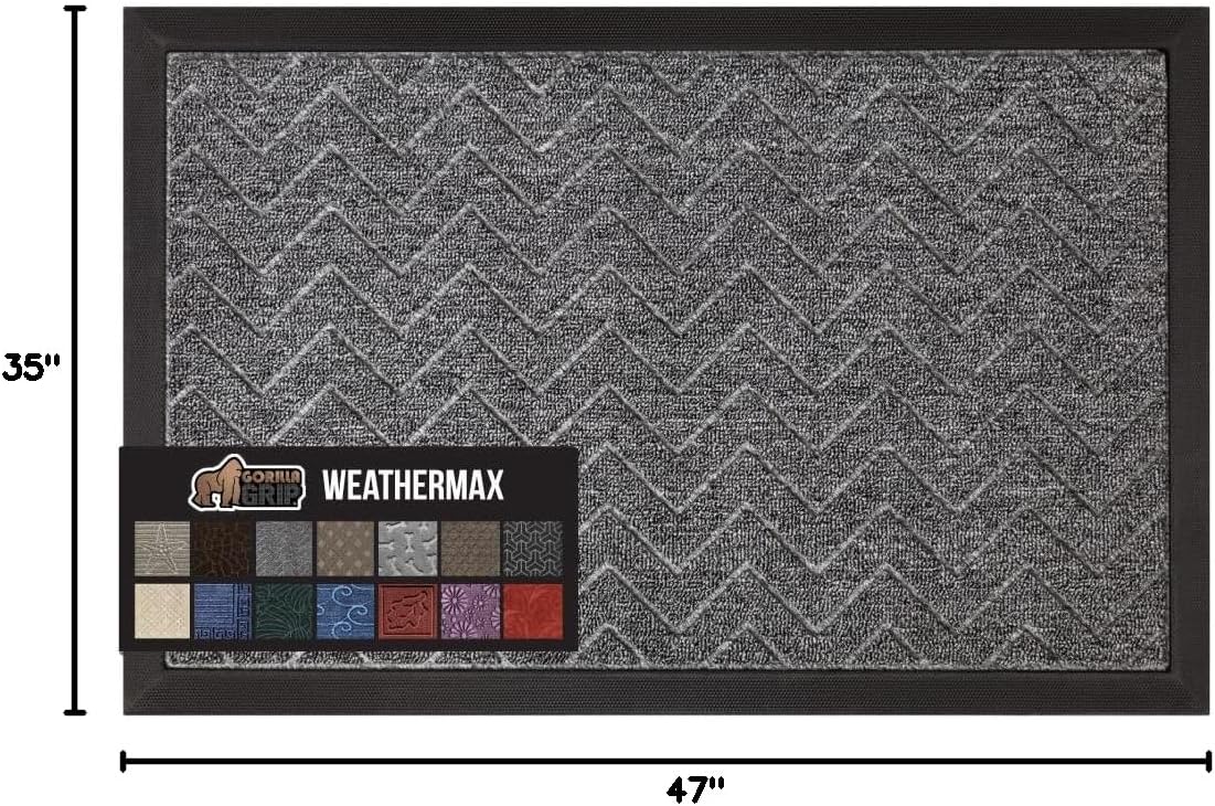GORILLA GRIP All-Season WeatherMax Doormat, 47x35, Durable Natural Rubber, Stain and Fade Resistant, Low Profile, Indoor Outdoor Door Mats, Easy Clean Patio Entrance Mat, Steel Chevron