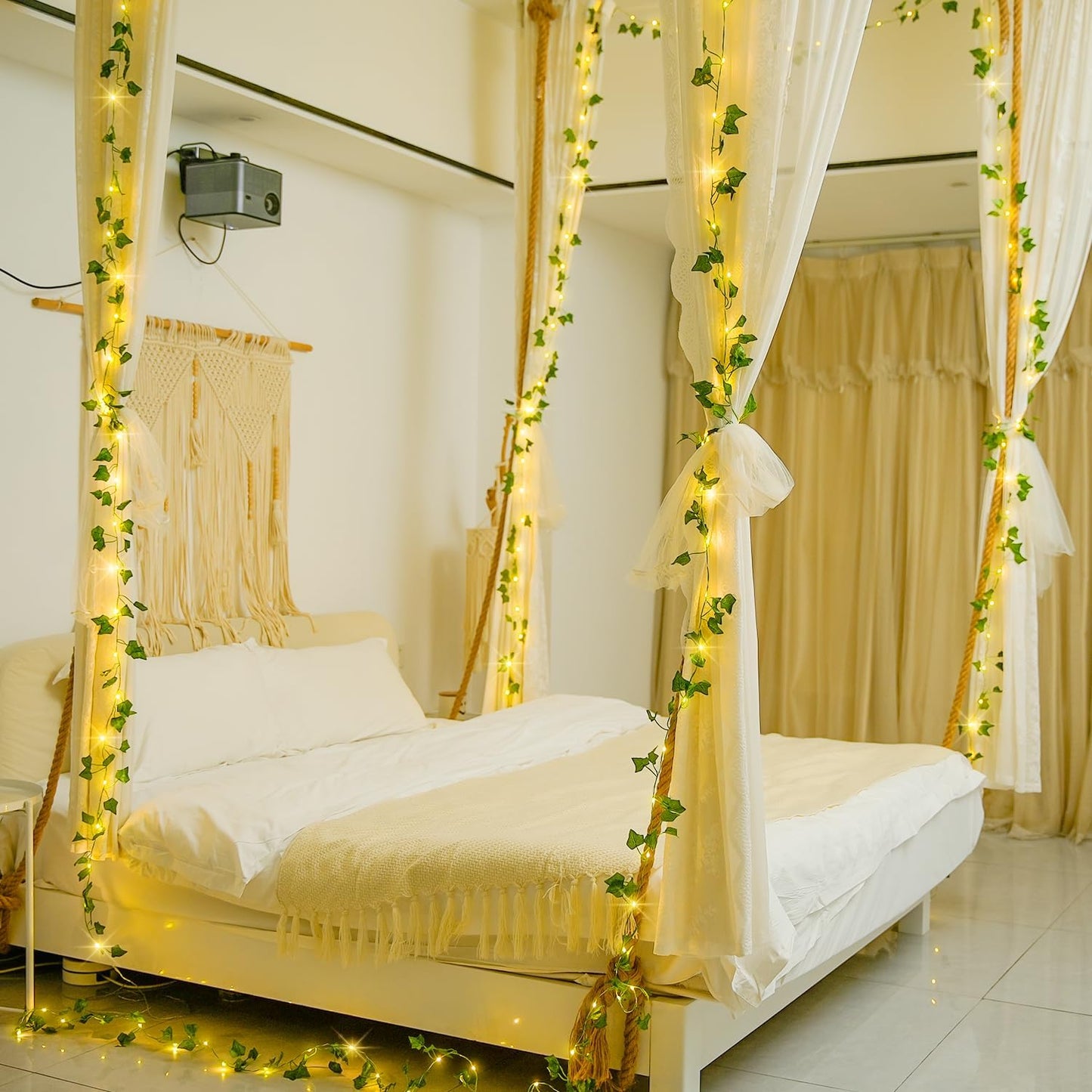 JMEXSUSS 33Ft Vines with Lights Battery Operated, 100 LED Ivy Vines with Fairy Lights Leaf with Remote for Bedroom Wall Classroom Dorm Wedding Birthday Party Decor(Warm White)