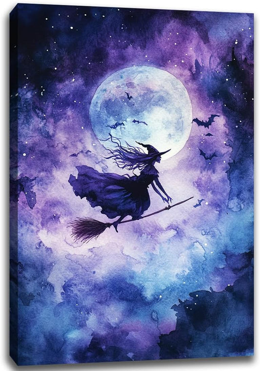 Witch On Broom Flying Wall Art,Gothic Halloween Canvas Wall Art,Victorian Witch Silhouette In Moonlight Broomstick Poster Pictures,Creepy Halloween Purple Night Sky Print,12"x18" Framed