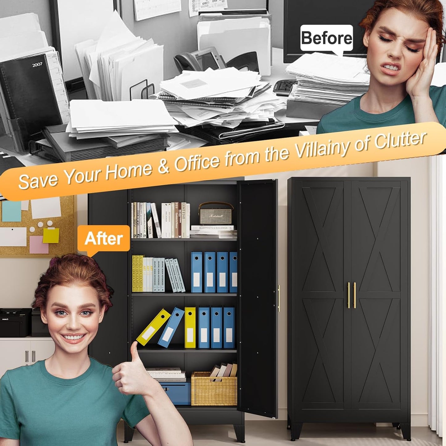 61" H Metal Kitchen Pantry Storage Cabinet, Freestanding Cupboard with 2 Doors and 3 Adjustable Shelves, Standing Storage for Kitchen, Bathroom, Garage, Dinning Room or Utility Room（Black）