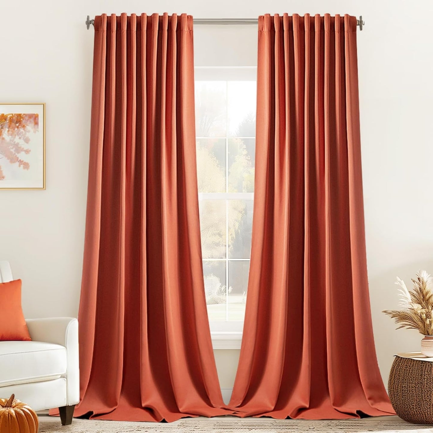 MIULEE Back Tab Burnt Orange Blackout Curtains 96 Inch Long 2 Panels Set for Bedroom, Fall Terracotta Rod Pocket/Pinch Pleated Thermal Insulated Room Darkening Light Blocking Floor to Ceiling Drapes