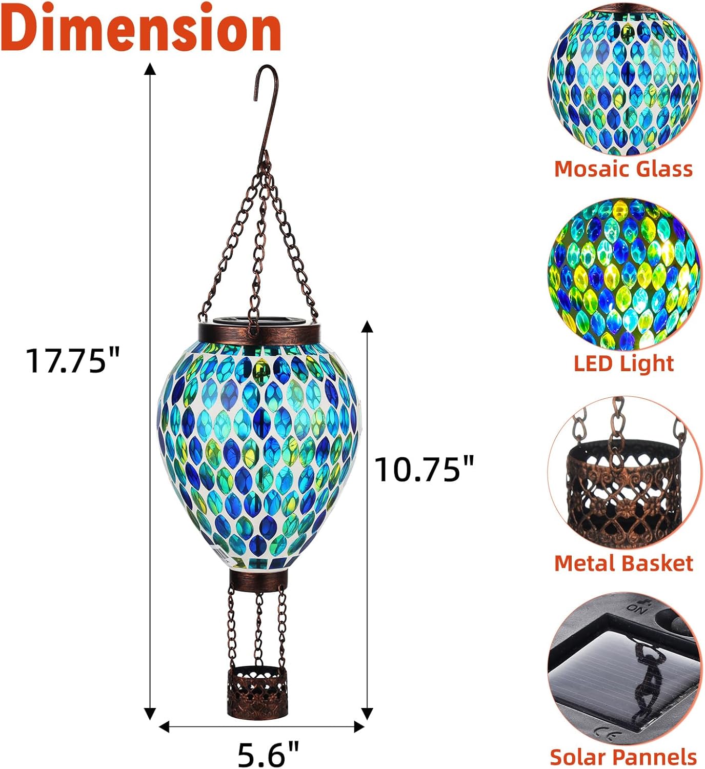 VOREEN Hot Air Balloon Solar Lantern, Mosaic Solar Outdoor Hanging Wind Light, Waterproof, Patio Festive Decor, Gift for Mom Wife Friend, Blue