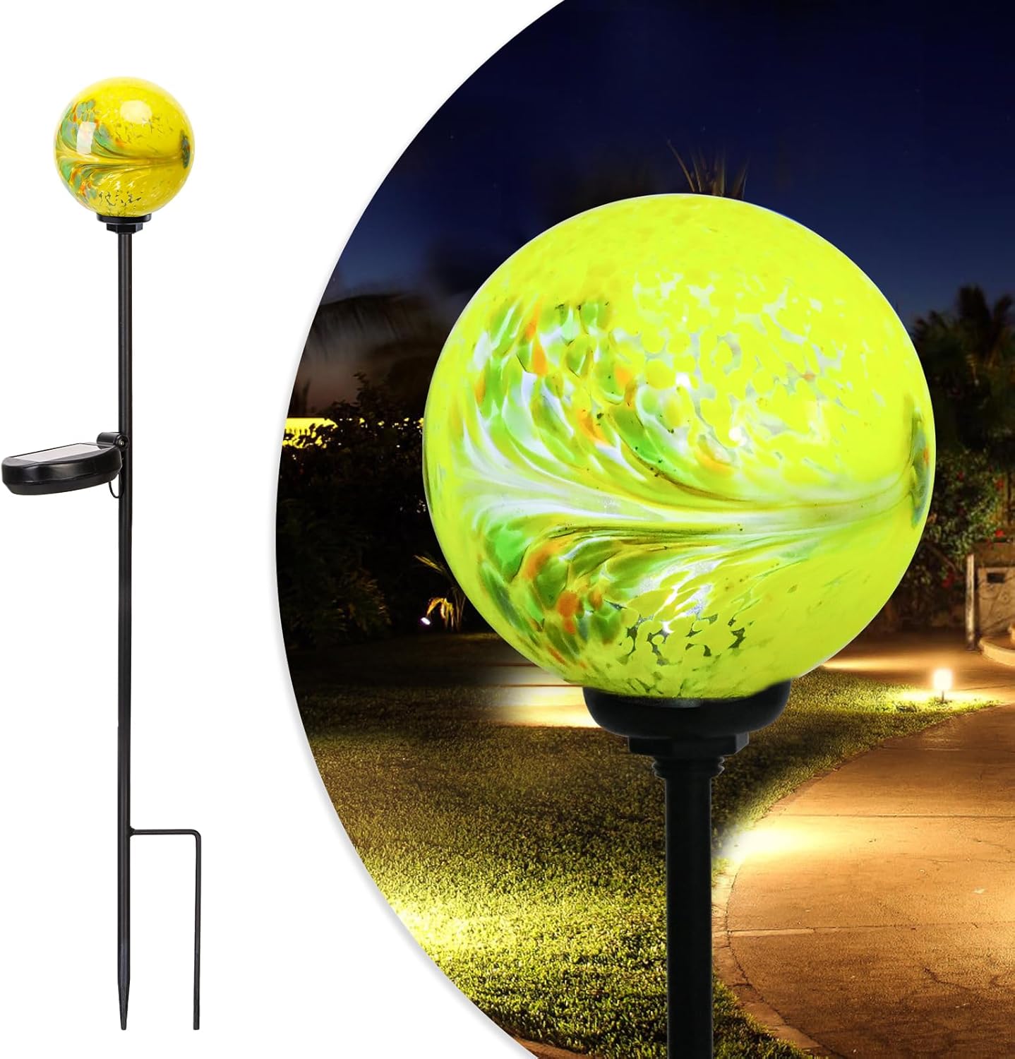 Solar Lights Outdoor Decorative Solar Outdoor Decorative Glass Ball Stakes Waterproof Garden Stake Glass LED Garden Globe Lights for Pathway Yard Lawn Decoration Yellow