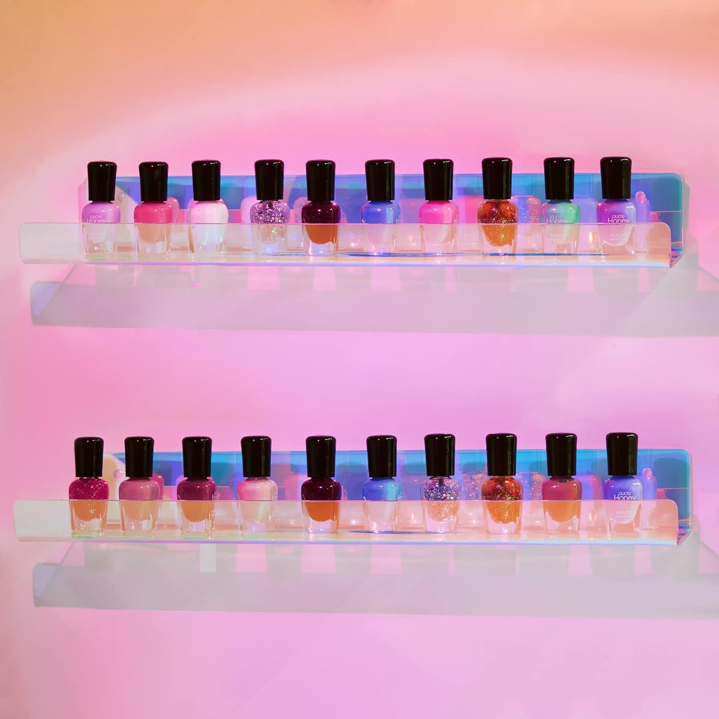 upsimples Acrylic Shelves for Wall Decor, 15" Display Shelf for Perfume, Skincare, Nail Polish, Wall Organizer for Bathroom, Bedroom, Living Room, Playroom, Kids Bookshelf, Iridescent, 4 Pack