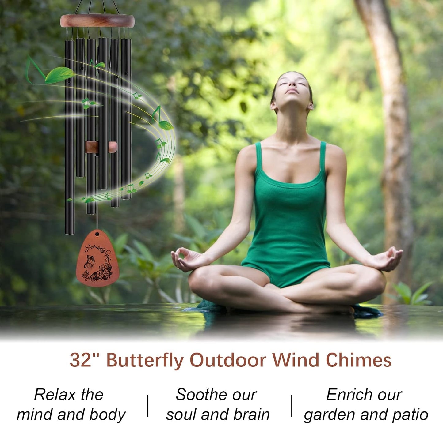 Wind Chimes for Outside, 32" Butterfly Windchime for Outdoor, Butterfly Gifts for Women Mom Sister, Garden Patio Gift Ideas for Friend Co-Worker (Black)