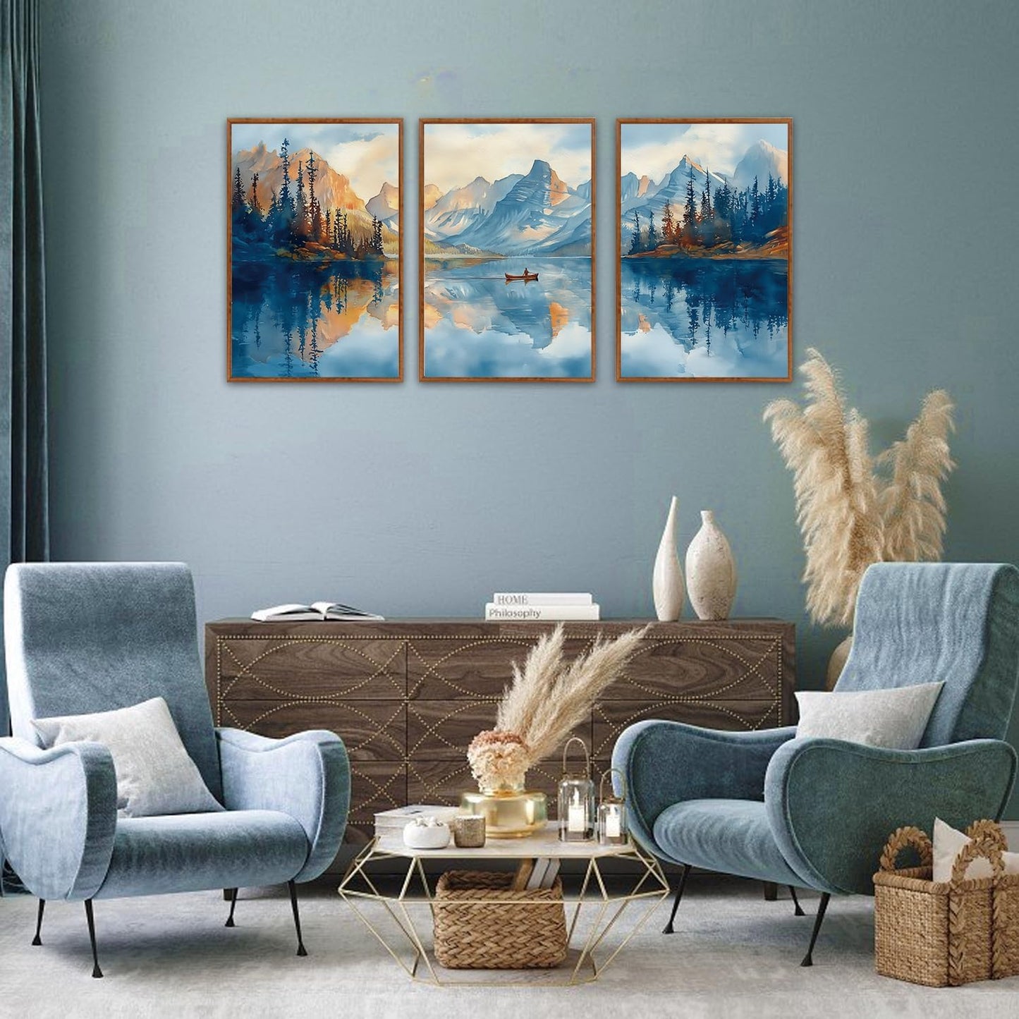 KAIRNE Framed Large Landscape Wall Art,Abstract Forest Prints Paintings,Watercolor Blue Mountain Lake Canvas,Nature Scenery Textured Artwork for Living Room Bedroom Home Office Gallery Decor,16”X24”