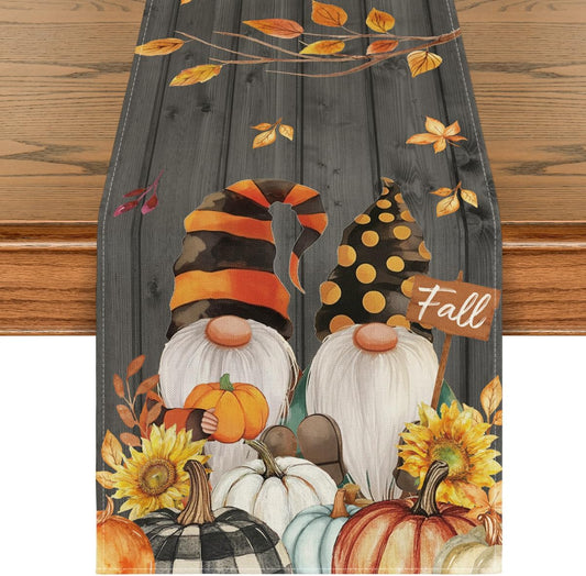 Artoid Mode Fall Gnomes Pumpkins Sunflower Maple Leaves Thanksgiving Table Runner, Seasonal Harvest Vintage Kitchen Dining Table Decoration for Indoor Outdoor Home Party Decor 13 x 72 Inch