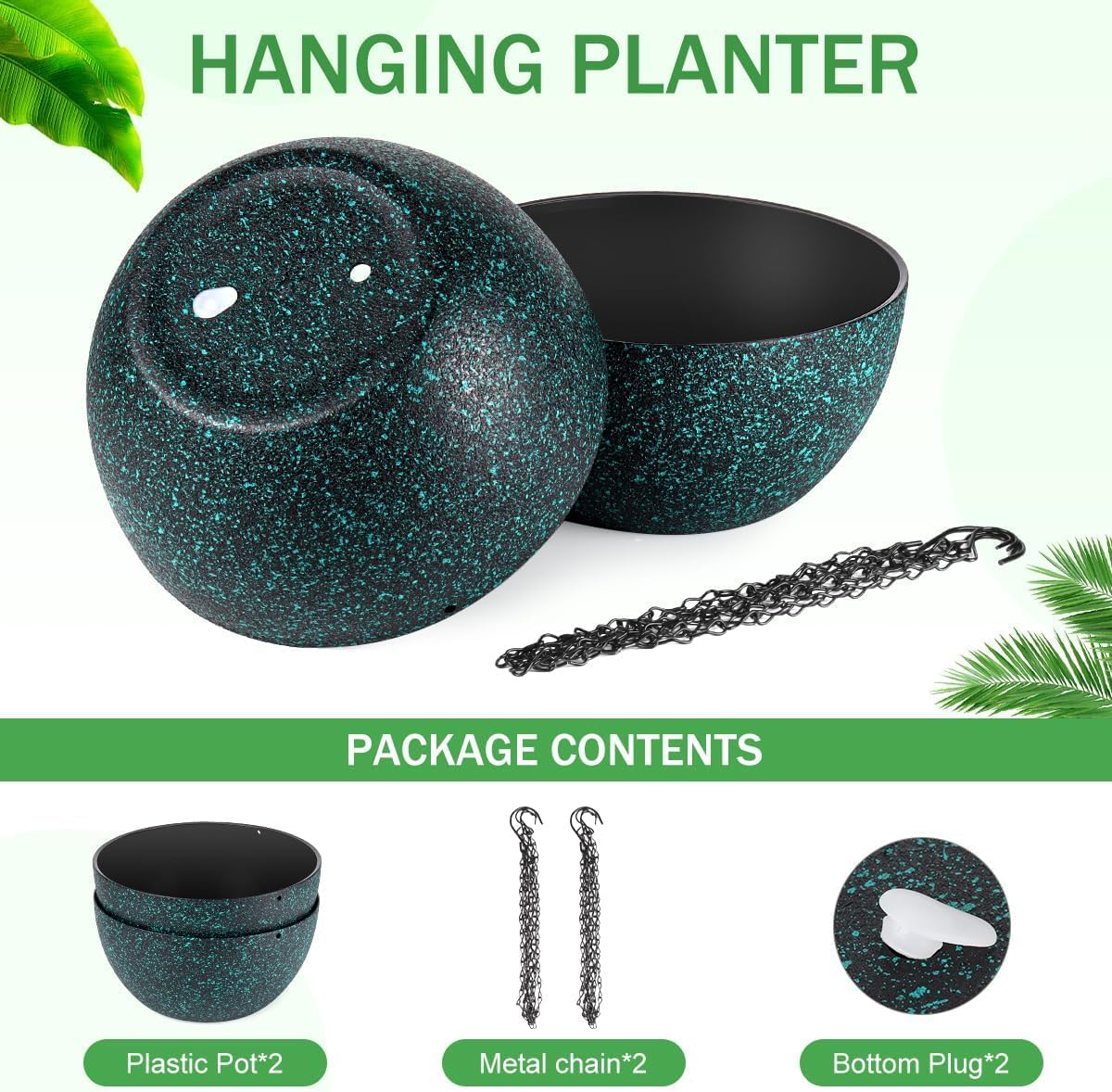 13 inch Hanging Planters for Indoor Plants, 2 Pack Planters for Outdoor Plants with Drainage Holes and Chain, Round Plastic Hanging Baskets, Hanging Flower Pots for Balcony Garden-Black Speckle