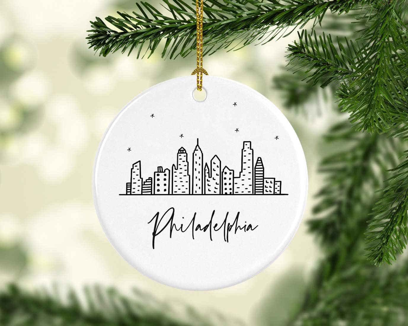 Andaz Press Round Ceramic Porcelain Christmas Tree Ornament Gift, Philadelphia Black and White Stars City Skyline Graphic, 1-Pack, Birthday Ideas for Family Coworker, Philly