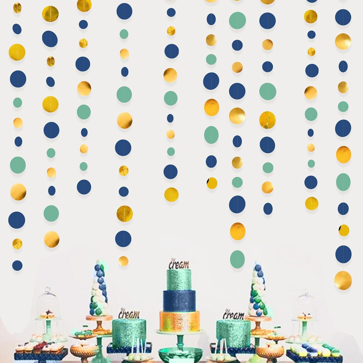 Blue Gold Green Decorations Circle Dots Garland Metallic Gold Navy Blue with Sage Green Hanging Polka Dot Streamer for Birthday Baby Shower Bridal Shower Wedding Bachelorette Engagement Party Supplies