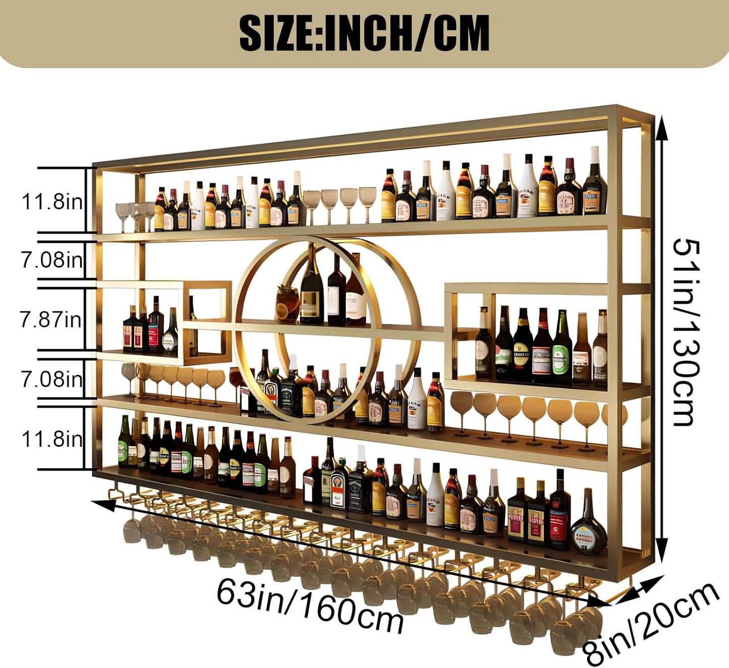 63in Wall Mounted Wine Rack, Modern Metal Wine Bottle and Glass Holder, Iron Display Stand Decorative Wine Rack, for Bar Living Room Dining Room Background (Gold, 63 * 8 * 51INCHES)