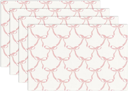 Placemats Set of 4, Pink Bow Table Mat for Home Kitchen, Restaurants, Outdoor Linen Washable Place Mats 12x18 inch Party Event Dining Decoration-06