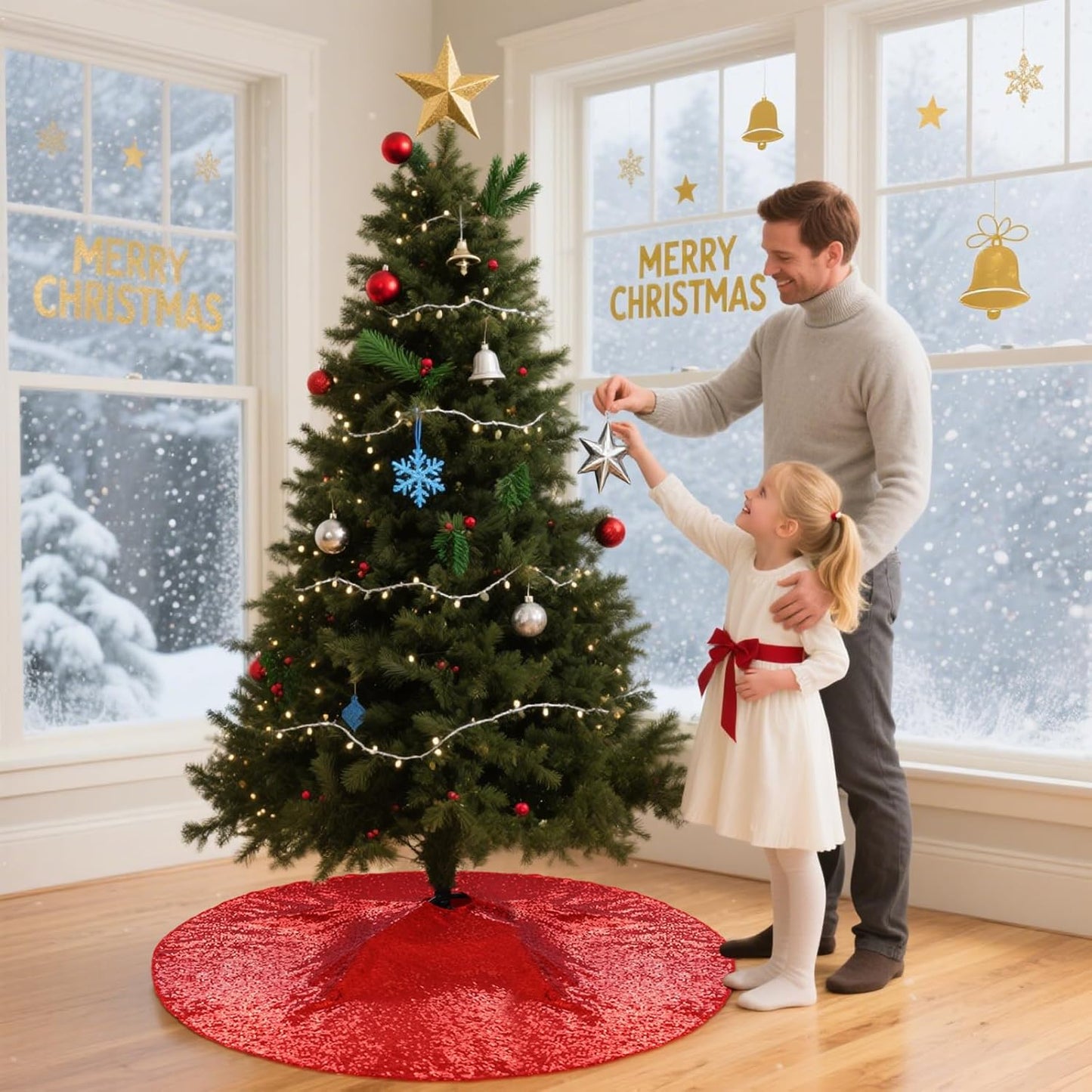 Eternal Beauty Christmas Tree Skirt, 70 Inch Red Sequin Tree Skirt Small Xmas Tree Skirt for Christmas Tree Decorations