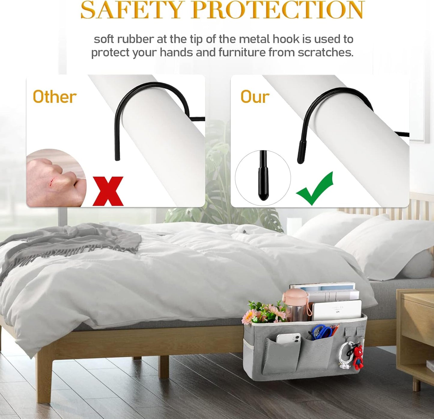 Bedside Storage Caddy/Bedside Hanging Storage Bag for Headboards Bunk Beds Dorm Rooms Book Phone Magazine Holder (2PC Grey)