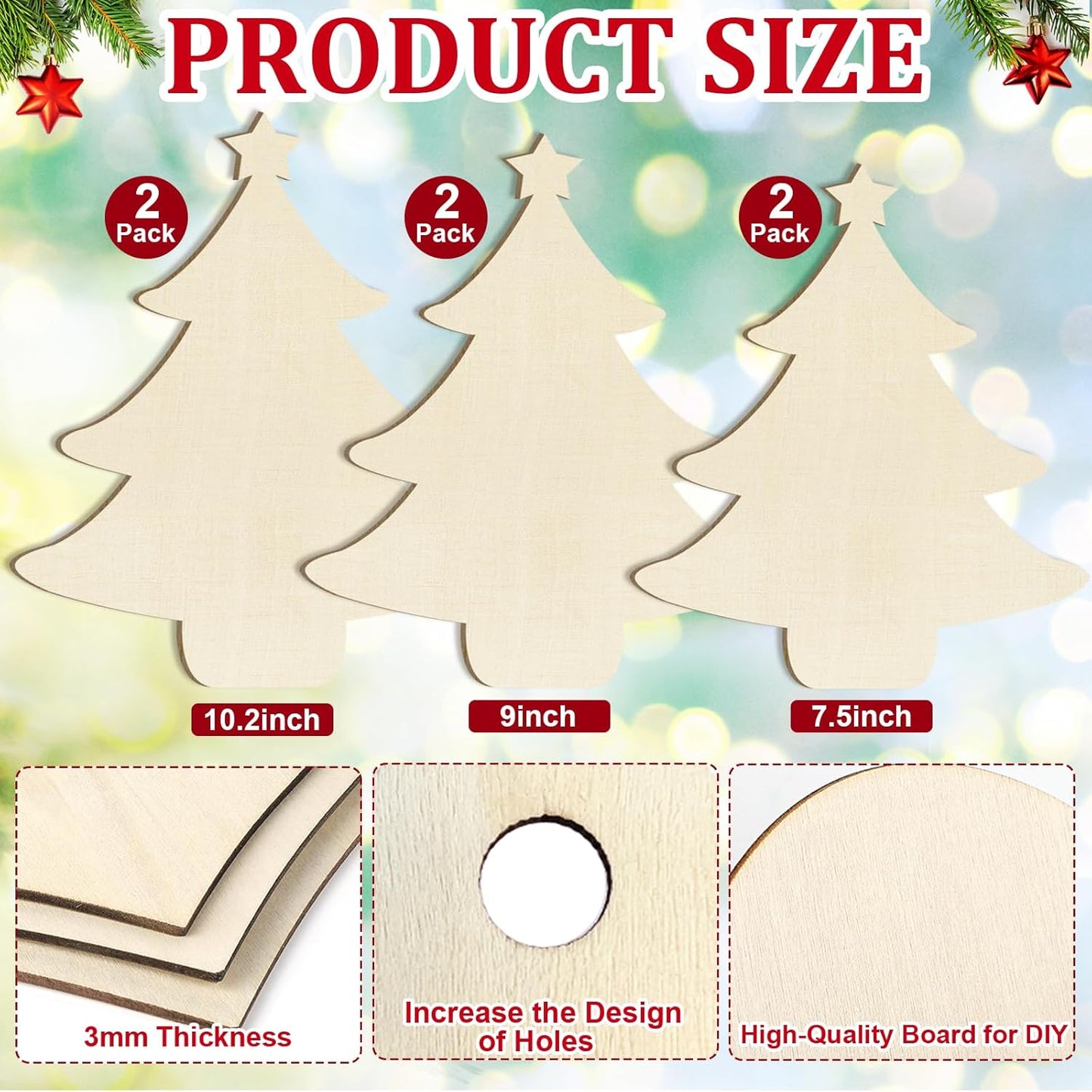 Wooden Christmastree Ornaments for Paint Christmas Decorations Cutouts Unfinished 6Pack, Wood Christmastree for Crafts DIY Blank Cutouts Ornament Winter New Year Decorations 3 Size