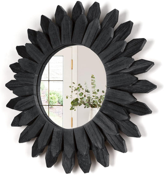 Honiway Black Wall Decor Wall Mirror 12 inch Boho Wall Decor Wood Decorative Mirror for Room Decor Home Decor for Bedroom Living Room Bathroom Kitchen Black