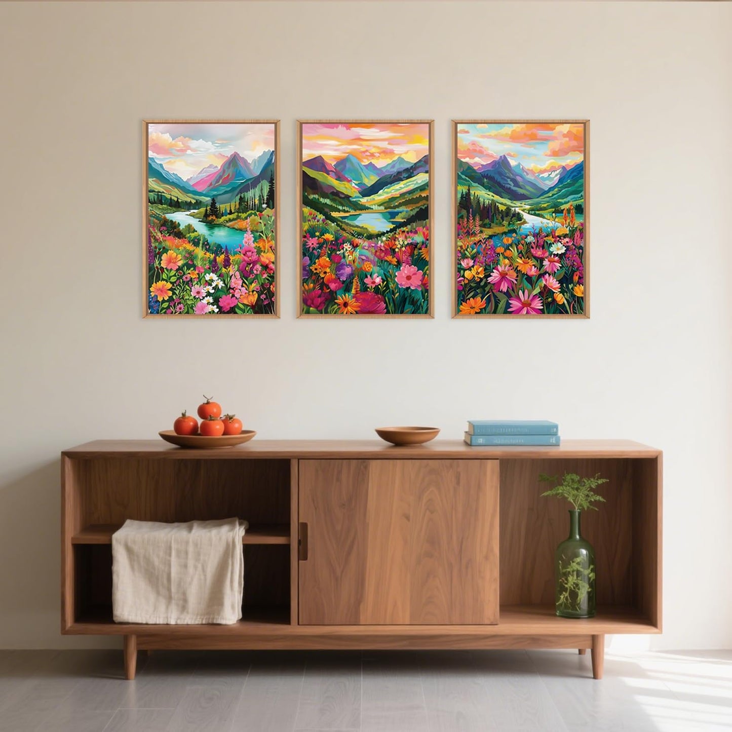 Celestdeco Wildflower Blossom Framed Canvas Wall Art Set, Colorful Flowers Painting, Abstract Landscape Wall Decor, Natural Ridge Floral Art Print for Living Room, Dining Room, Office - 24"x36"x3