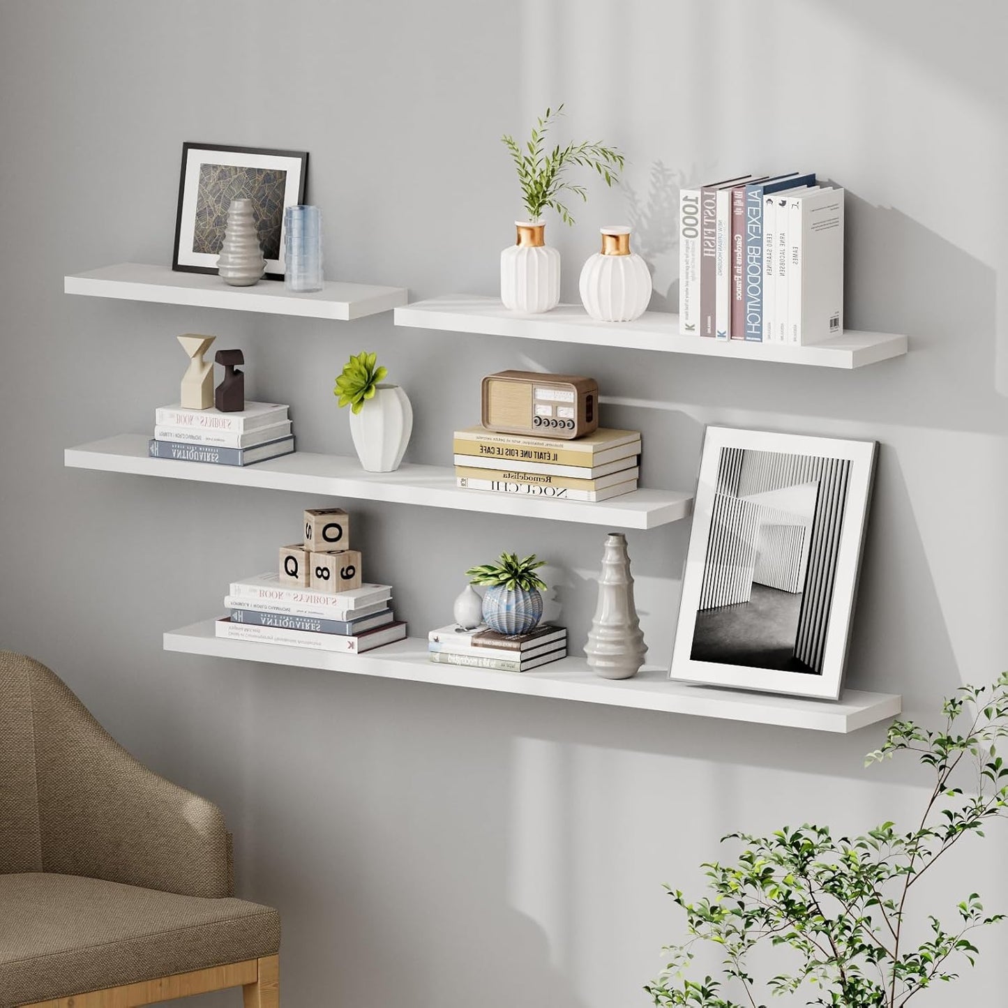 SAUMONIERES Floating Shelves 8 Inch Deep Solid Wood Wide Wall Shelf Set of 1 Wall Mounted for Bedroom Bathroom Living Room Kitchen, 48 Inch White