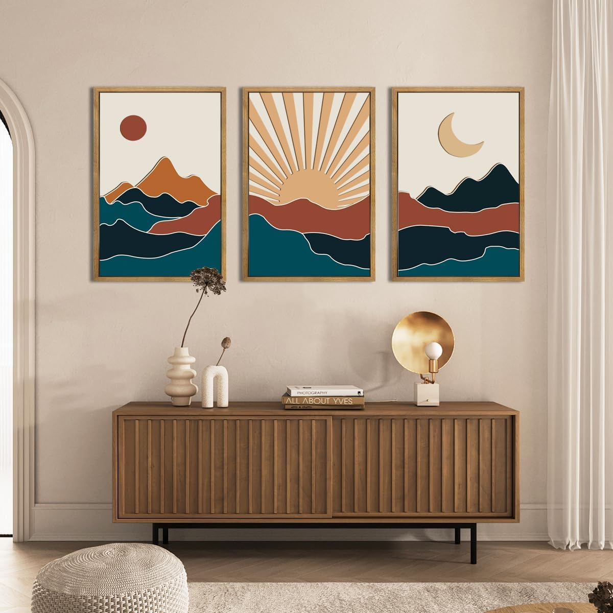 Large Boho Mountain Wall Art Set Modern Abstract Bohemian Wood Wall Decor Colorful Mid Century Neutral Artwork Sun and Moon Art Decor for Living Room Bedroom Office-16x24Inch x3