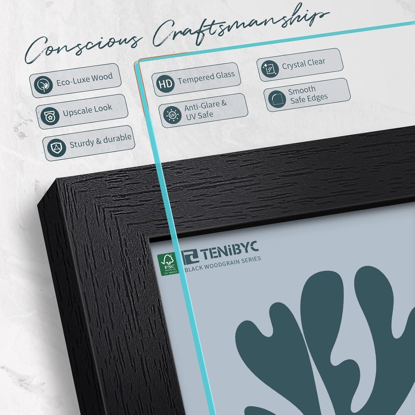 11x17 Picture Frame 3 Pack - Black Woodgrain, Solid Wood & HD Tempered Glass, Wall Gallery Poster Frame