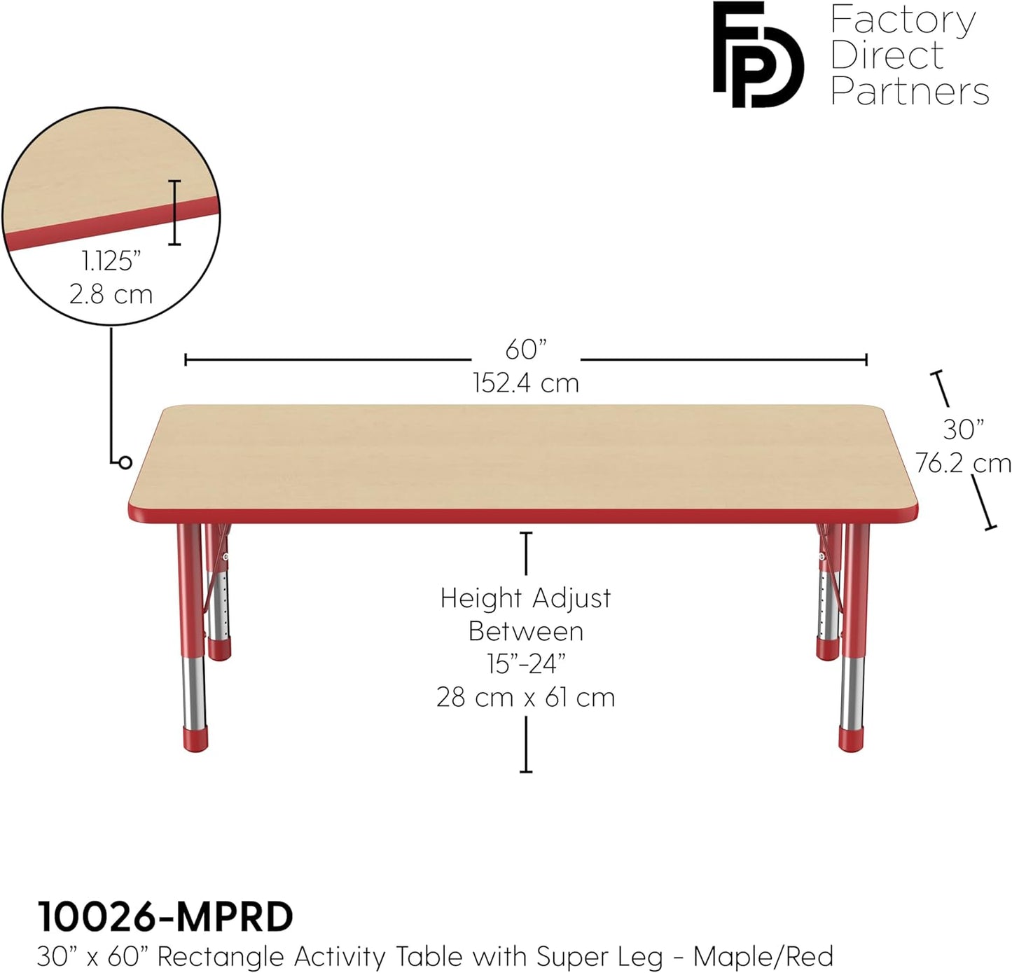 Factory Direct Partners FDP Rectangle Activity School and Classroom Kids Table (30 x 60 inch), Toddler Legs, Adjustable Height 15-24 inches - Maple Top and Red Edge