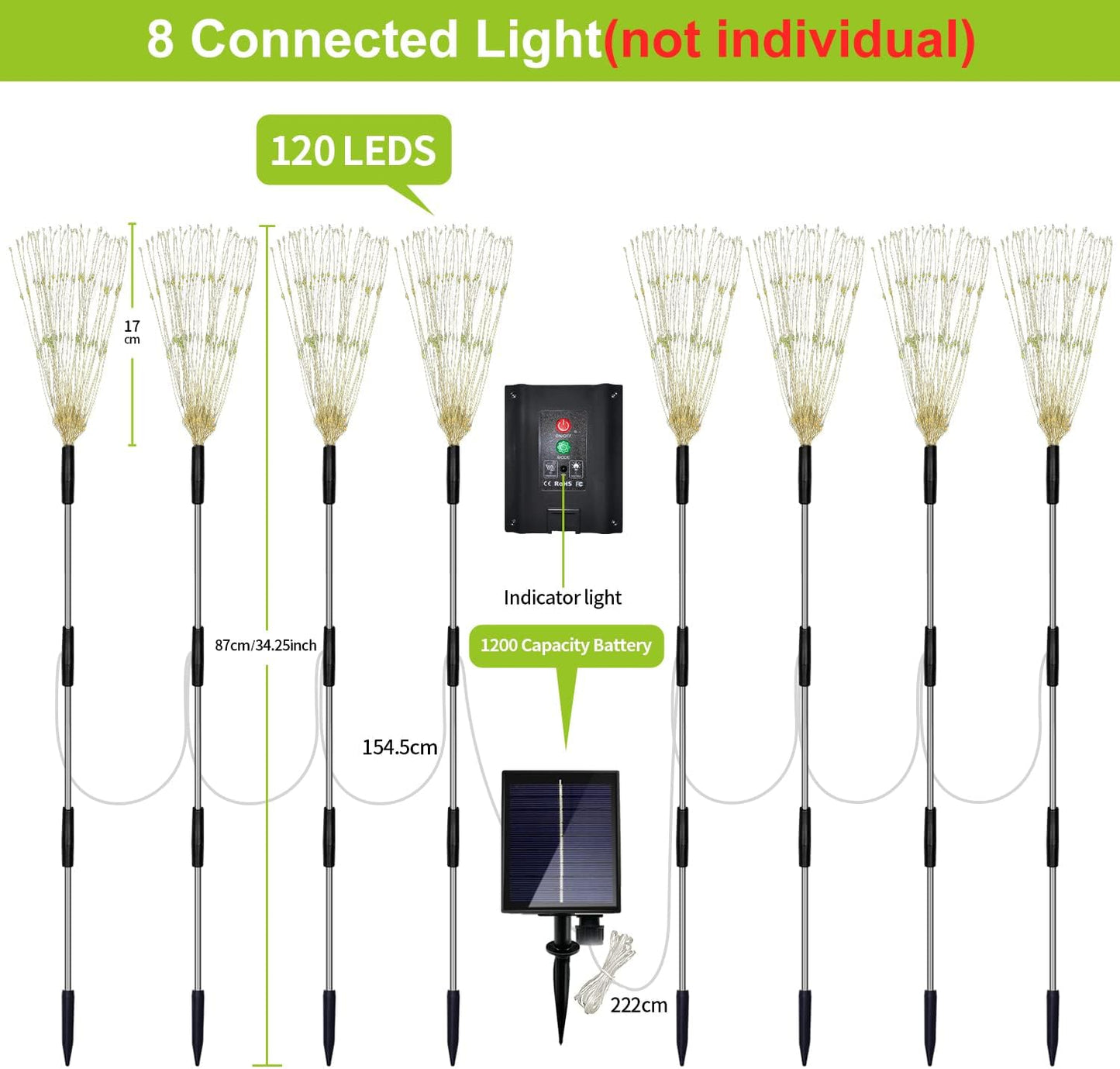 Solar Garden Firework Lights Outdoor 8 Pack, 8 Modes, 120 LED Waterproof Copper Wire DIY Solar Decorative Lights with Remote Control, for Yard Pathway Party Decor