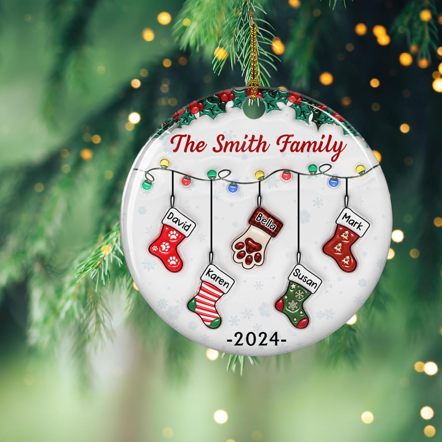 Stocking Personalized Family Christmas Ceramic Ornament 2025-3D Inflated Effect Custom Name Hanging Stock up to 10 Members, First Xmas as A Family Ornament Gifts (A04, 8 Names)