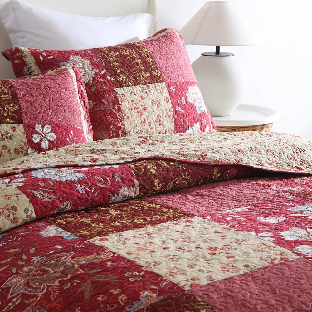 Cotton Bedspread Quilt Bedding Sets 3 Pieces Reversible Coverlet Sets Comforters Vintage Floral Patchwork Purple Red Bedspread, King Size
