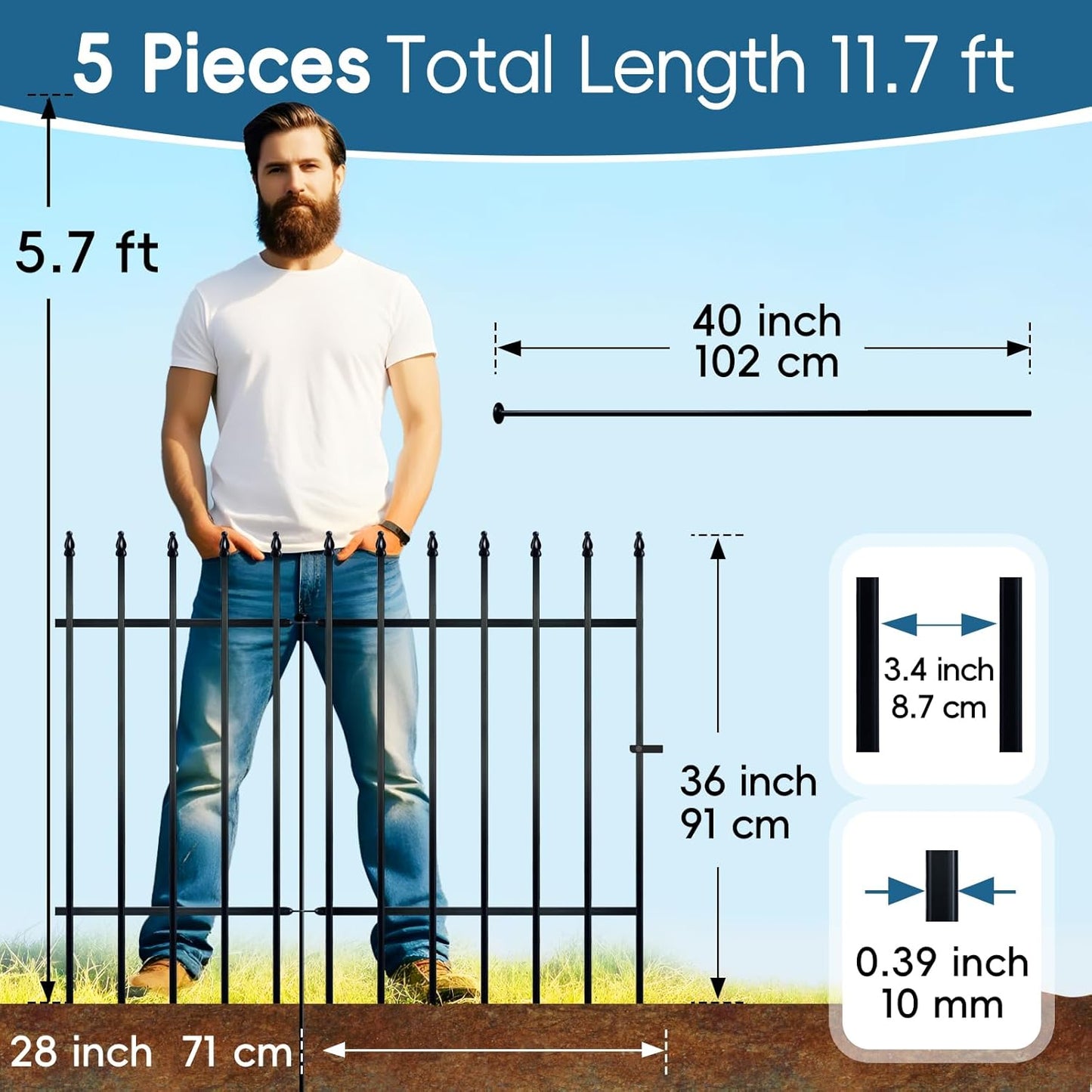 Metal Garden Fence 36" Wide x 28" High, 5 Panels (4 Panels + 1 Gate), Total 11.6 feet, Metal Border Folding Fence, Landscape Fencing Dog Fence Pet Fence for Flower Bed, Yard, Animal Barrier