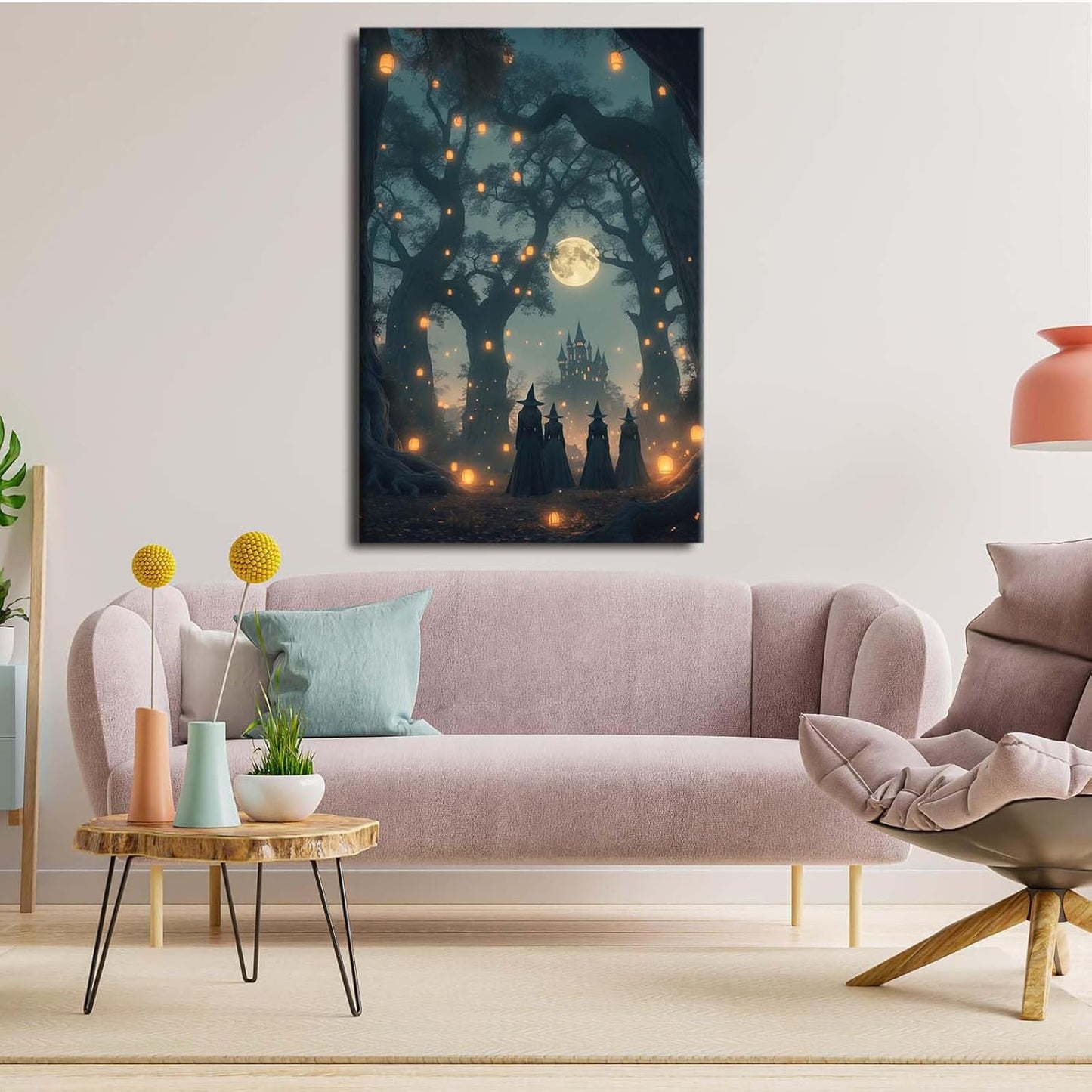 Mysterious creek painting witch and castle in magic forest art print canvas gothic print dark college decoration poster for home bedroom8x12in Wood Framed