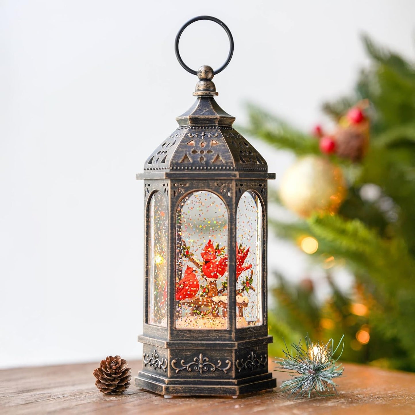 Christmas Snow Globe Lantern Water Glittering 10.5'' Cardinal with Music& Timer, USB Lined/Battery Operated Lighted Lantern for Christmas Festival Decoration Gifts