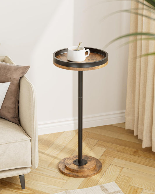 Masupu Drink Table, Round Side Table for Small Spaces, Pedestal Small End Table with Metal Base, for Living Room, Bedroom, Bathroom, Rustic Brown+Black(Lip)