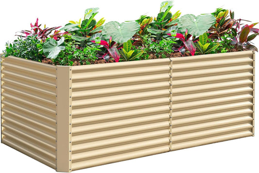 Land Guard 8x4x3ft Rectangular Galvanized Raised Garden Beds, Large-Capacity Metal Planter Box Outdoor, Durable Deep Raised Garden Bed 3ft Tall, Raised Beds for Gardening Vegetables, Cream Yellow