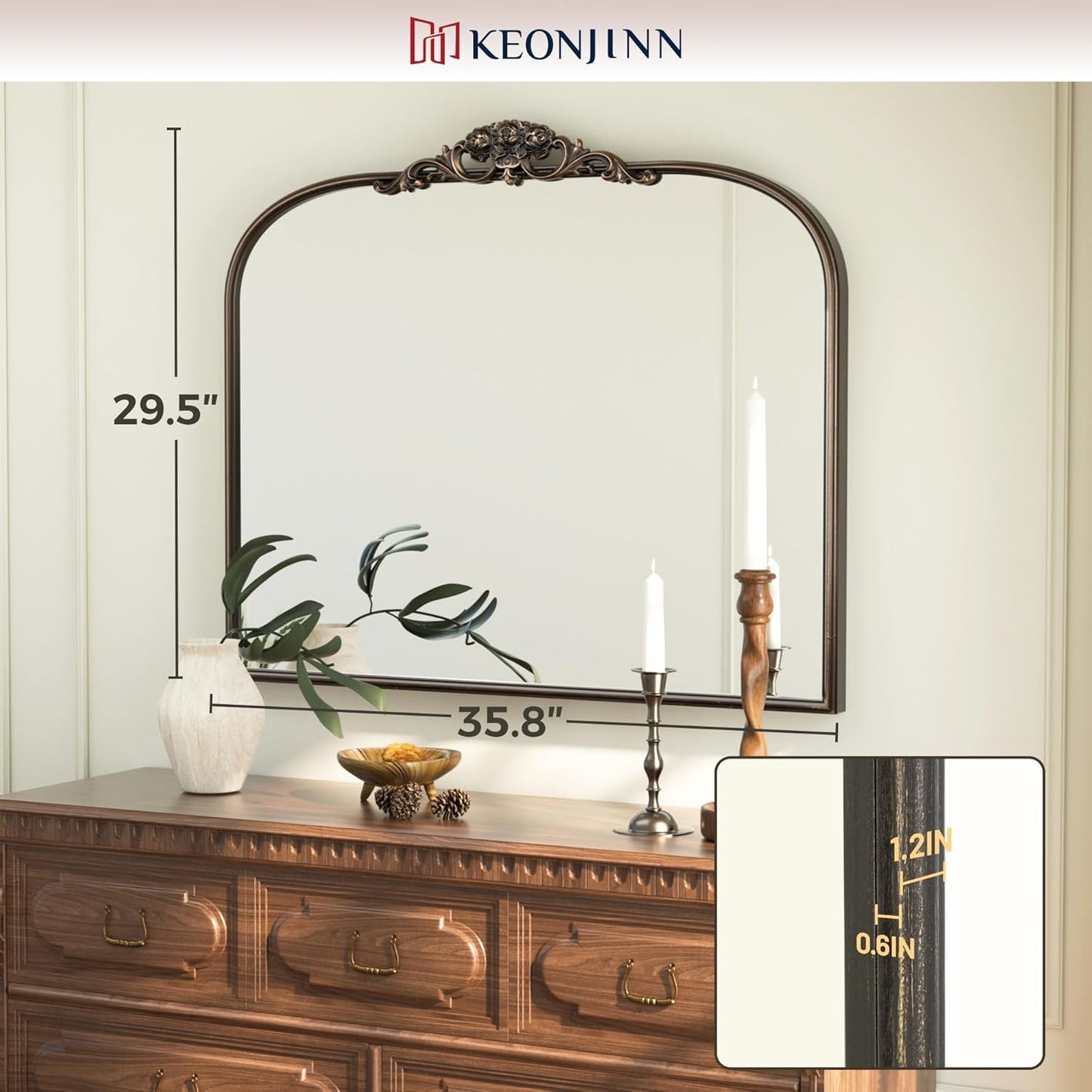 Keonjinn Vintage Mirror for Wall, 36" x 30" Bronze Antique Mirrors with Metal Frame, Baroque Style Decoration for Mantle, Bathroom, Living Room, Fireplace, Bedroom, French Cleat Mounting