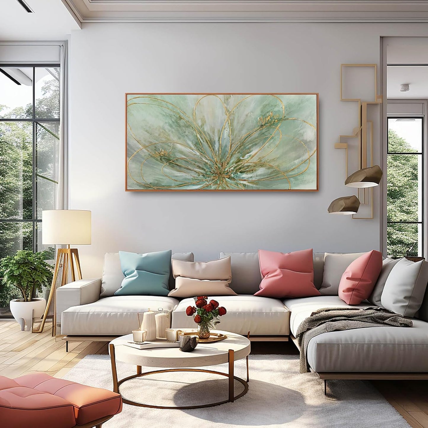 YJYart Green Abstract Canvas Artwork Flowers Wall Decor for Office Line Art Painting 24"x 48" Pictures for Bedroom Dining Room Neutral Wall Art