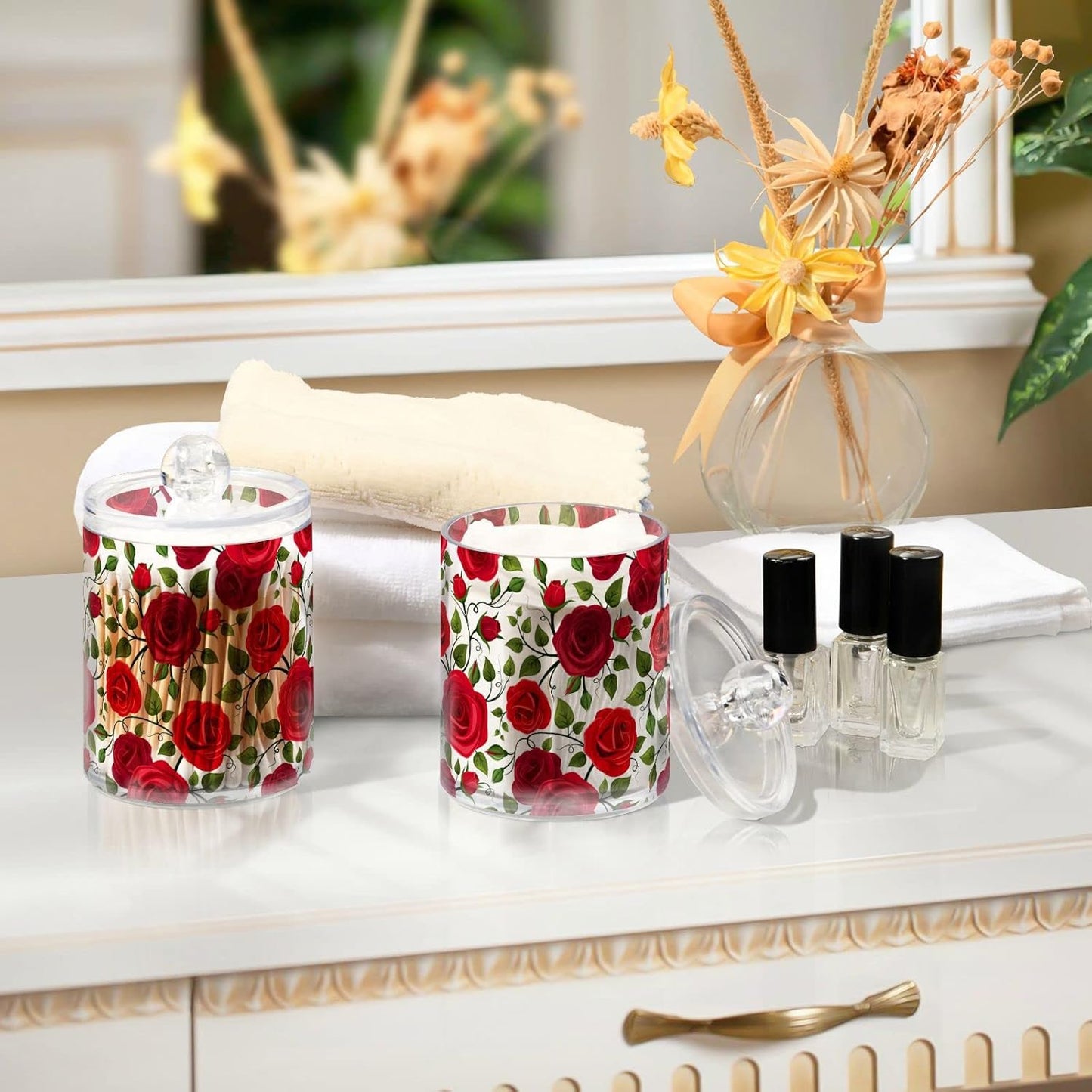 2 Pack Qtip Holder Dispenser Red Rose Flowers Bathroom Storage Canister Lid Acrylic Plastic Apothecary Jar Set Vanity Makeup Organizer for Cotton Swab/Ball/Round Pads, Floss