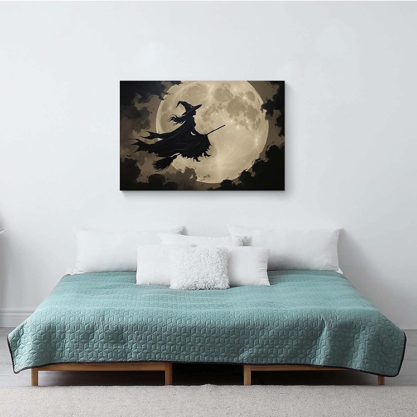 Full moon witch silhouette poster witch on magic broom Halloween mural poster decorative mural art suitable for home living room bedroom20x30in Wood Framed