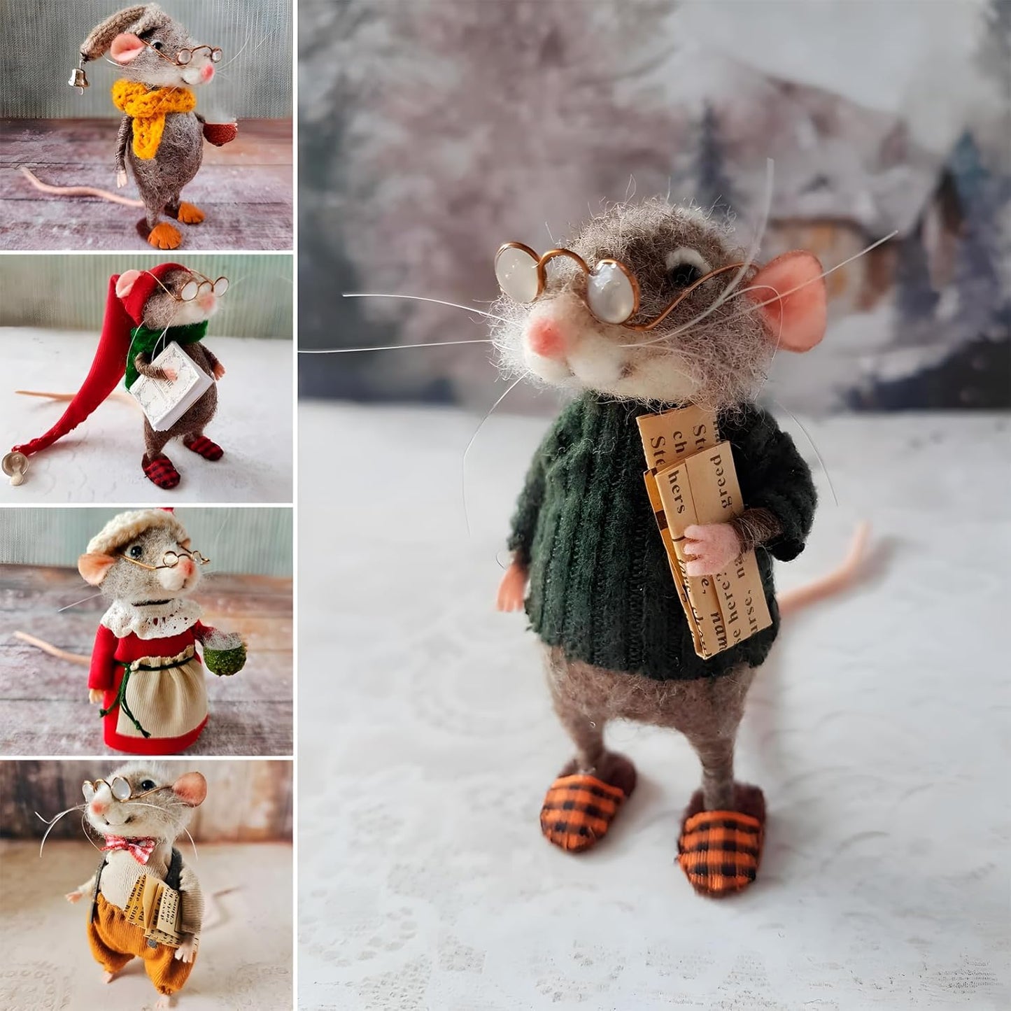 Felted Mouse, Cute Miniature Dollhouse Felt Mouse Ornament, Felt Wool Mice Figurine for Holiday Decor, Needle Felted Mouse Doll Decorations Festival Statue (Professor)