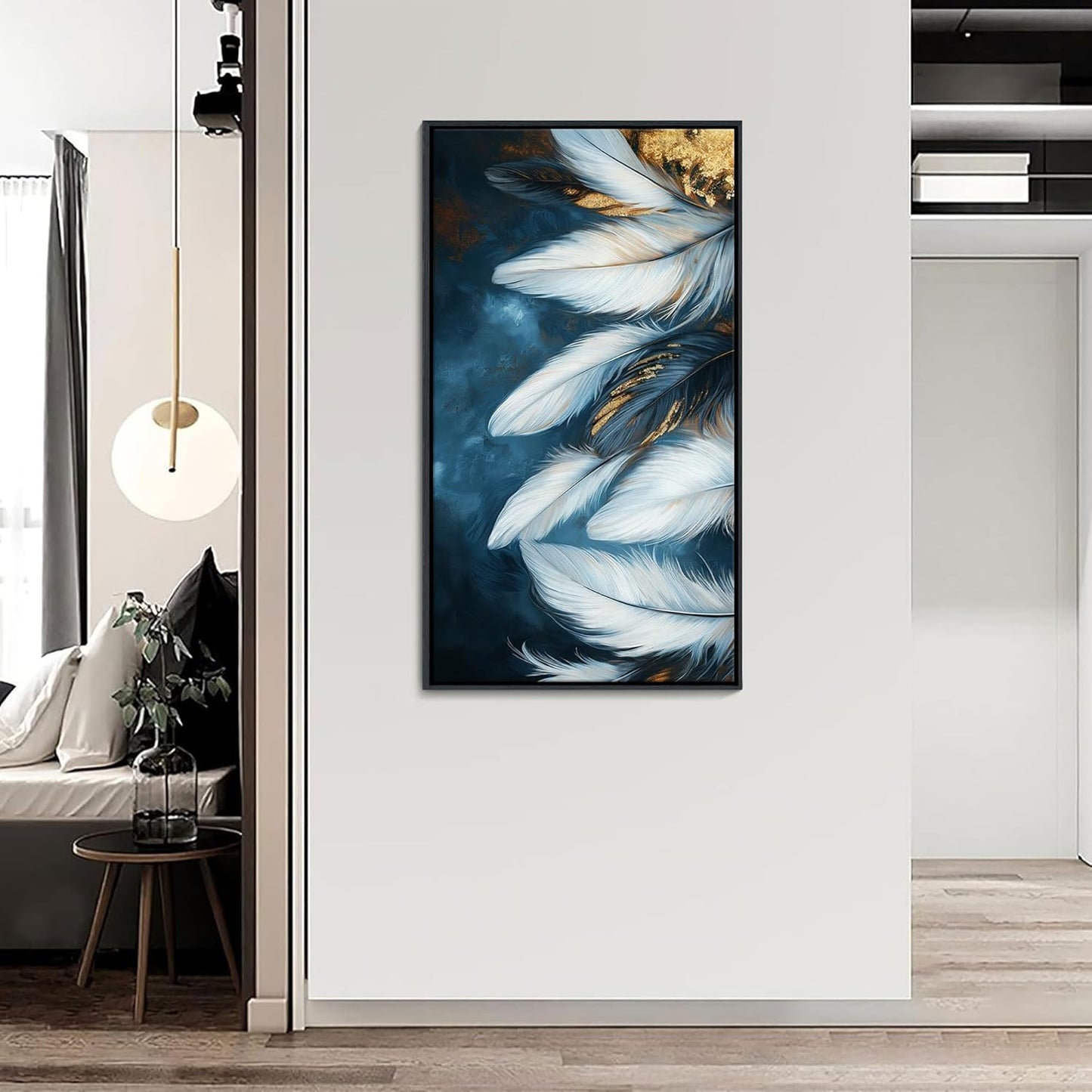 Mofutinpo Blue and Gold Wall Art Framed Navy Blue Decor for Living Room Feather Canvas Art Wall Pictures, Blue Bedroom Wall Decor Above Bed Pictures Wall Decor, Painting - Artwork for Walls 24×48IN