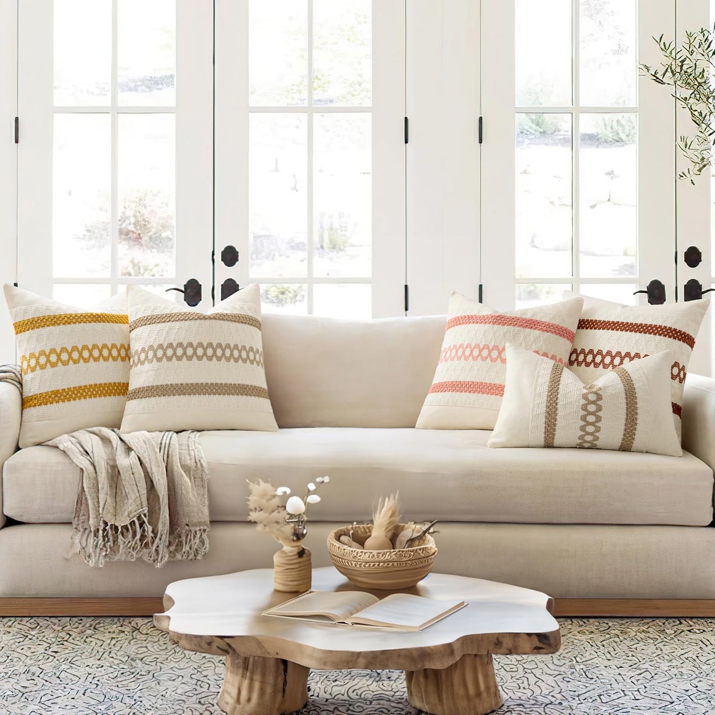 MIULEE Set of 2 Neutral Boho Decorative Pillow Covers 20x20 Inch Farmhouse Rustic Couch Throw Pillows Modern Spring Cotton Cushion Covers Retro Cute Macrame Woven Home Decor for Bed Sofa Chair