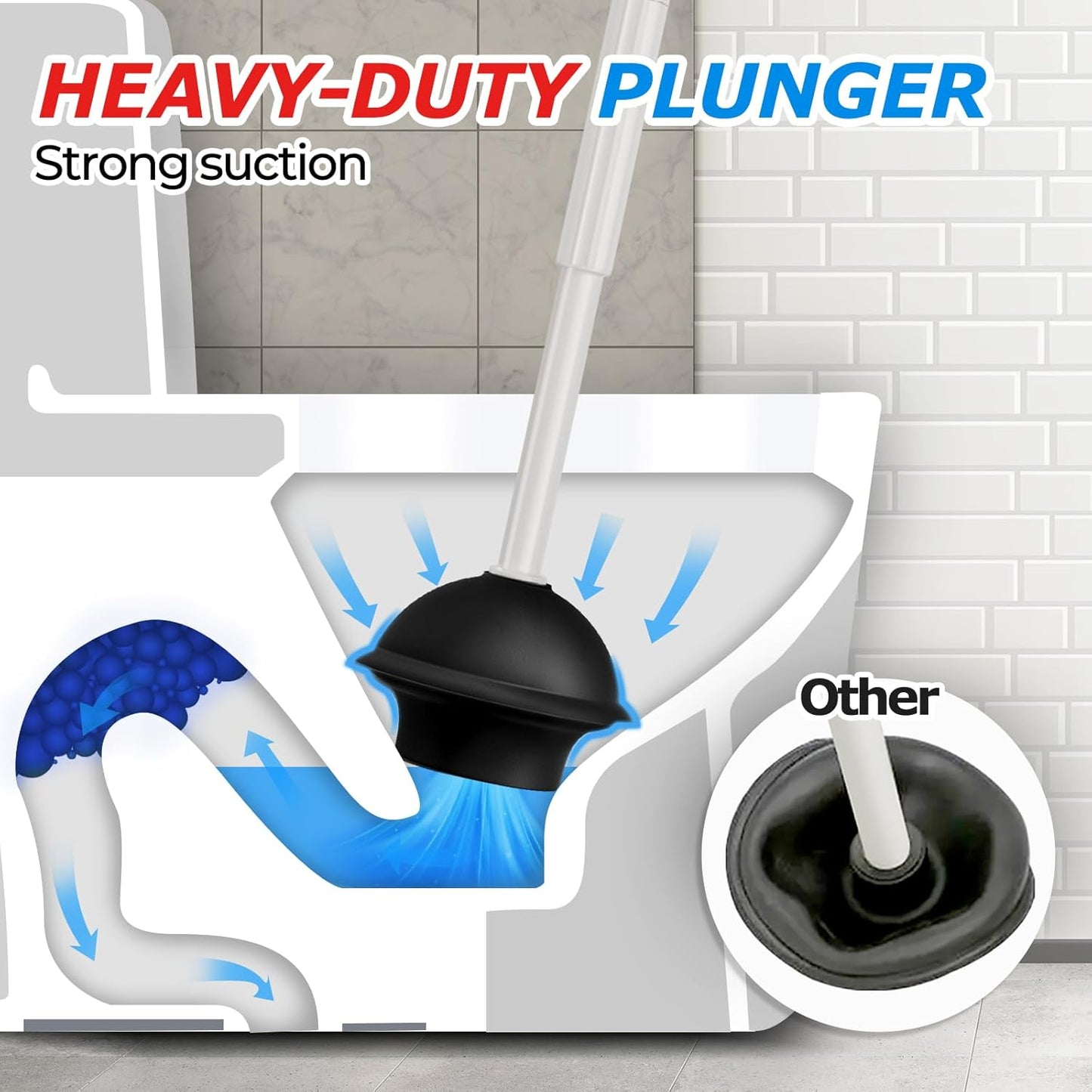 2Pack 2 in 1 Toilet Brush and Plunger Set, Extended Handle Plunger，Toilet Bowl Brush Plunger Set,Bathroom Cleaning Tools ，Toilet Brush Plunger Combo，Cleaning Supplies（Cream Grey）