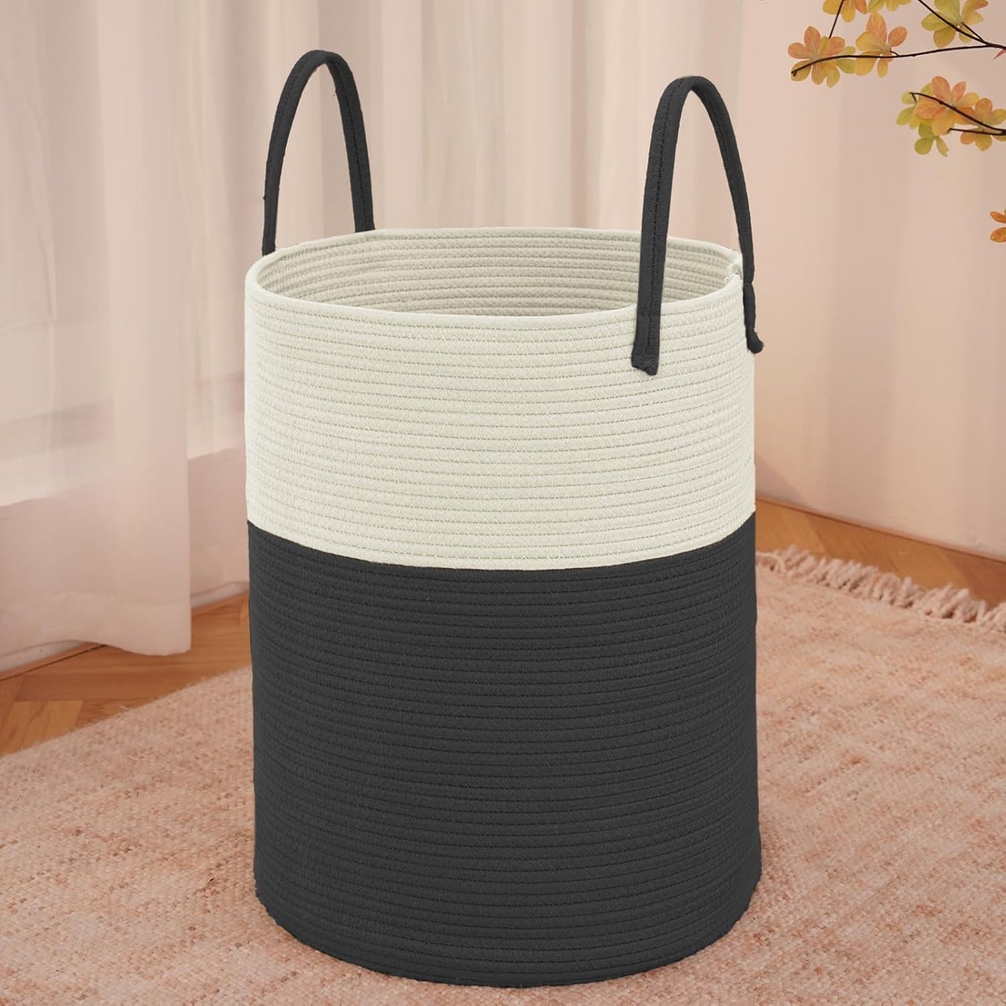 Large Woven Laundry Basket Hamper,80L Cotton Rope Storage Bin for Blankets,Toys and Clothes,Decorative Tall Nursery Hamper for Living Room,Baby Nursery,Bathroom and Bedroom,White and Black