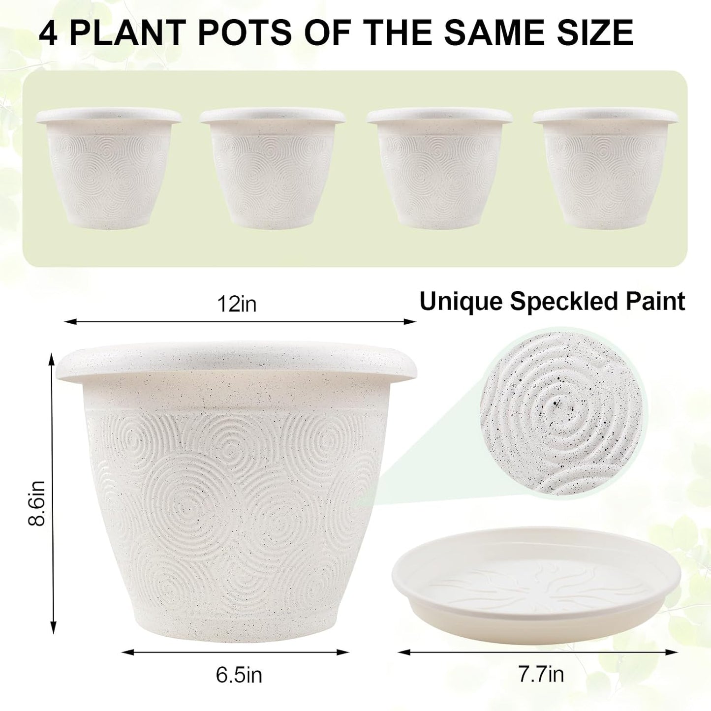 Plastic Flower Pots Planters for Indoor Plants, 4 Pack 12 Inch White Plant Pots with Drainage Hole & Tray, Modern Decorative Large Plant Pot with Saucer for Indoor Outdoor Plants Garden House Planter
