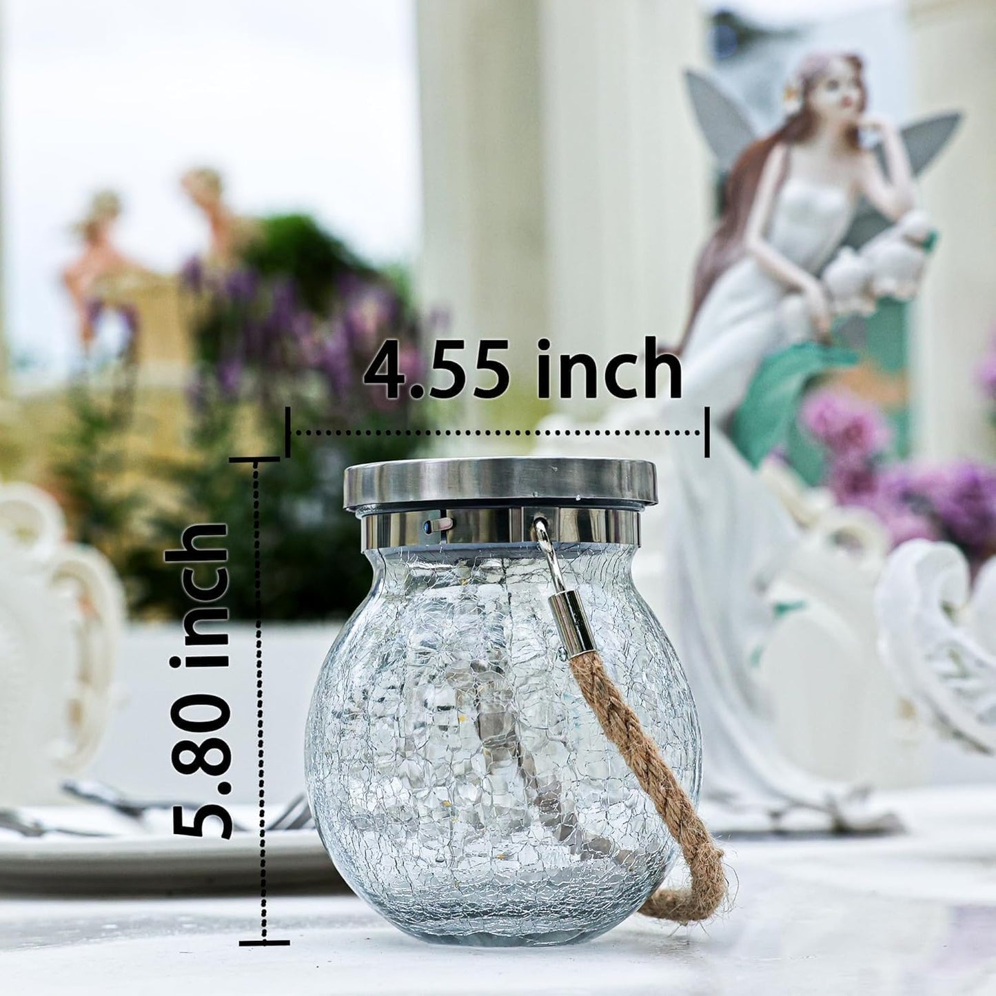 Cooo 4 Pack Heavy Crackle Glass Solar Lantern with 30 LED Firefly Lights– Waterproof Outdoor Hanging Lamp 215% Larger Solar Panel, Stainless Steel Lid Decorative Lighting for Garden Patio Table