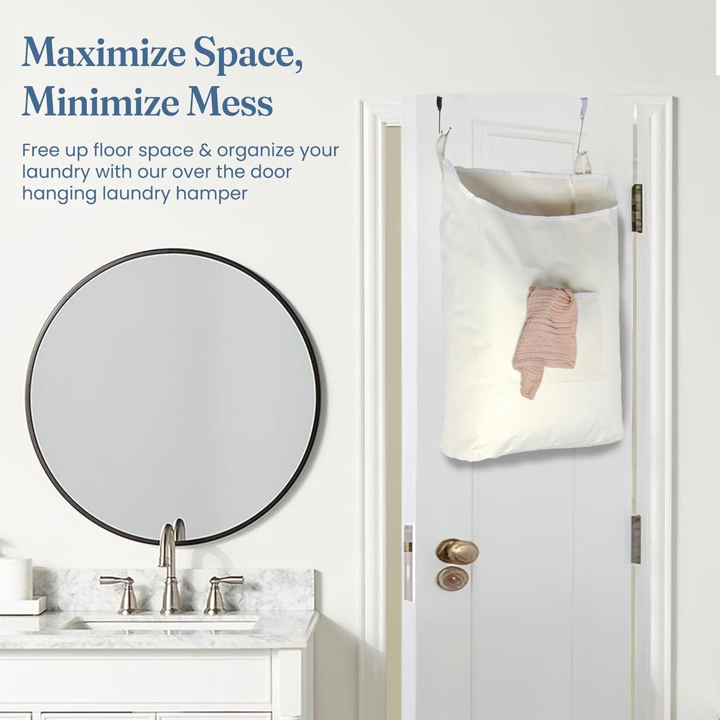 The Fine Living Co. Hanging Laundry Hamper with Over Door Hooks & Adhesive, Durable Space Saving Laundry Bag with Zipper and Wide Open Top, Hanging Dorm Laundry Hamper 18"x4.75"x28" (Beige-L)