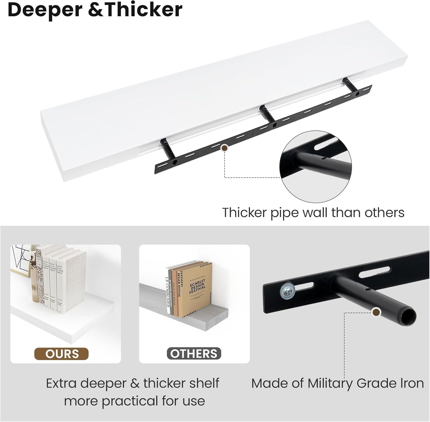 White Floating Wood Shelves for Wall 48 Inch, 8 in Deep Pine Shelf Floating Home Decor, Heavy Duty Shelf Hold 100 lbs, Wall Shelves for Bathroom Living Room Kitchen Bedroom Office Book, Set of 2