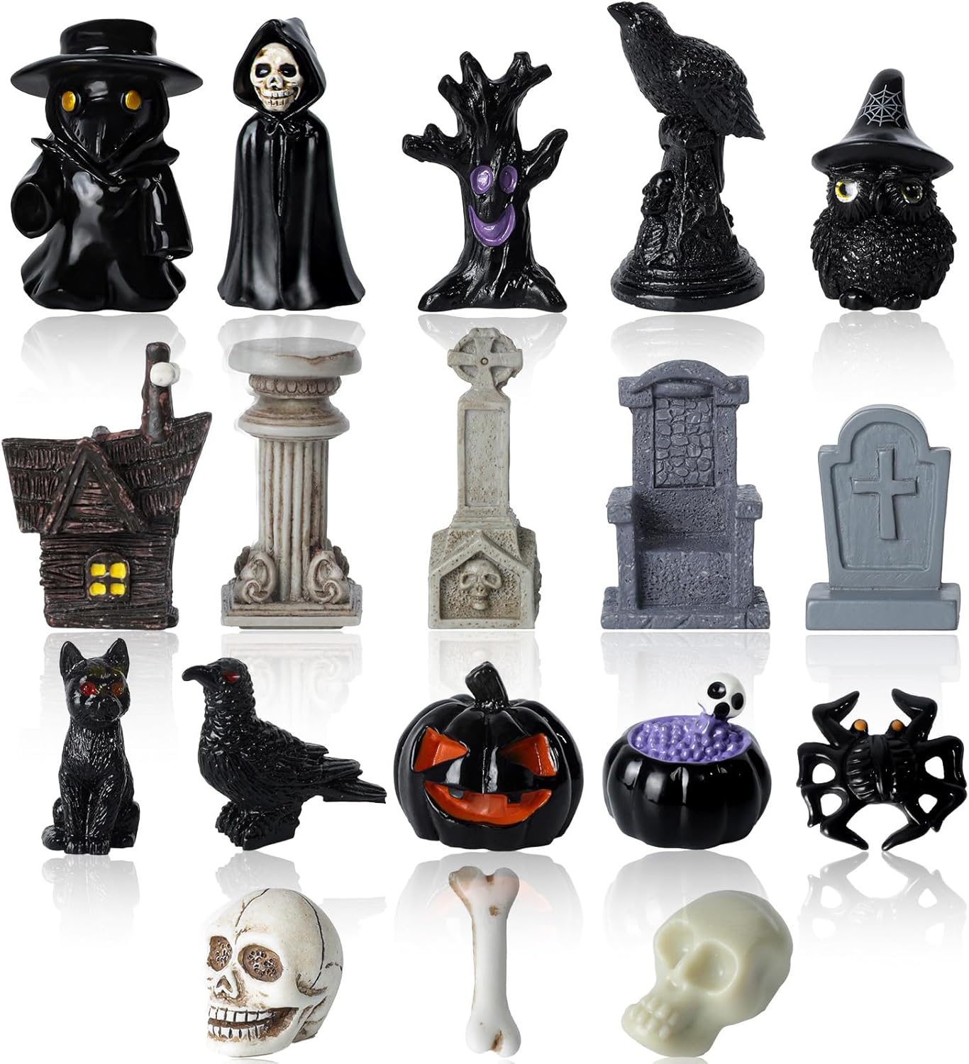 40Pcs Halloween Miniatures for Crafts Mini Figurines Skull Heads Resin Tombstones Skeleton Ornaments Halloween Fairy Garden Decor Horror Village Collections Dollhouse Accessories Decor ﻿